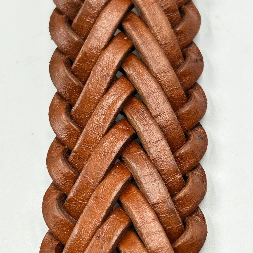 Toneka Braided Belt Brown Mens Size 40 Full Grain Leather Solid Brass Buckle EUC